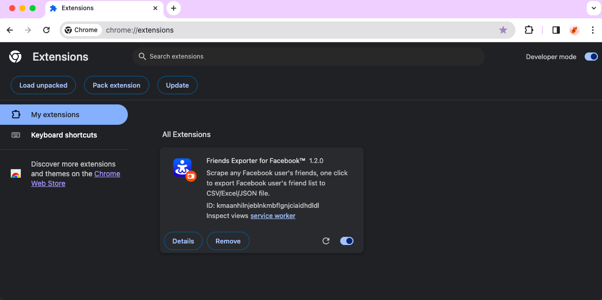 Facebook Friends Export chrome extension install done