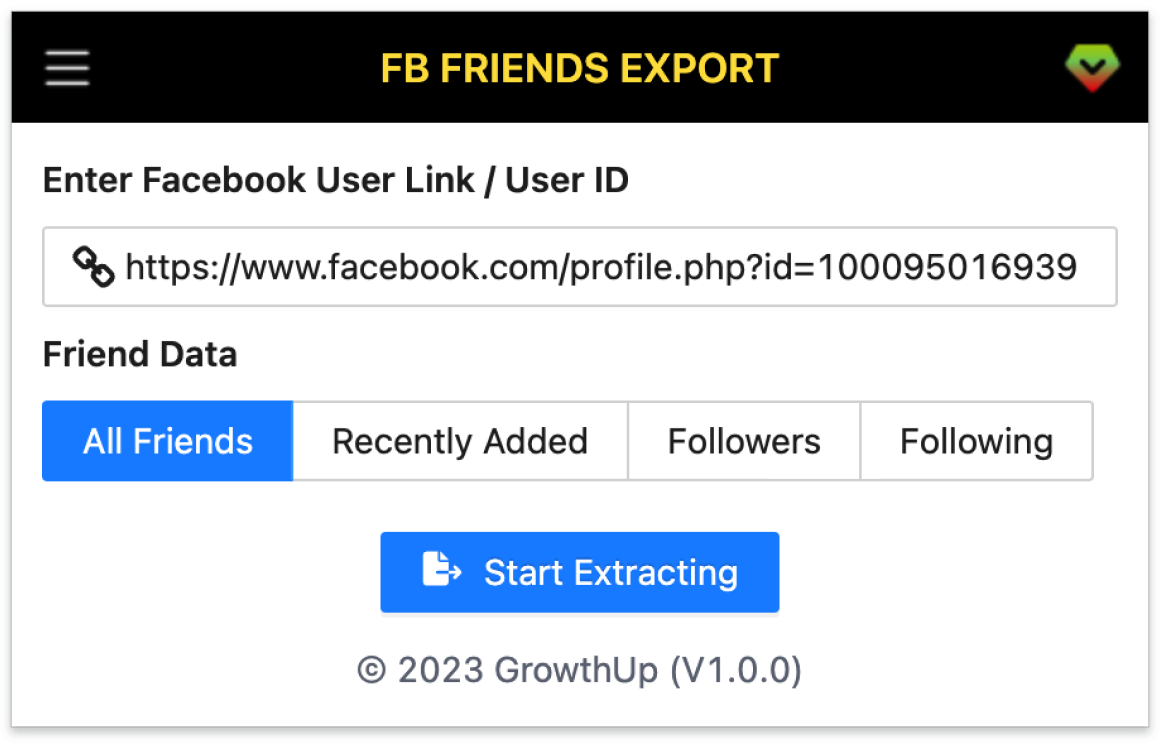 Facebook Friends Export Screenshot